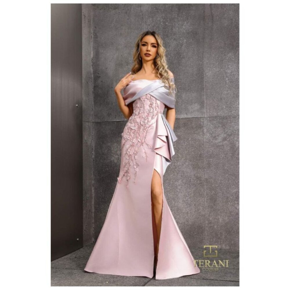 Blush Silver Ruffled Mermaid Off Shoulder Evening Long Formal Gown 252M5324